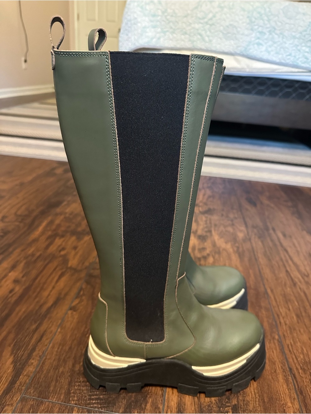 ALOHAS Olive Green & Black Knee-High Platform Chelsea Boots - Picture 1 of 4